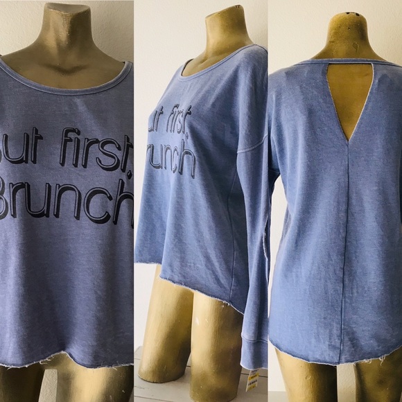 NWT Material Girl BUT FIRST BRUNCH Cut-Out Blue SWEATSHIRT M - Picture 4 of 11